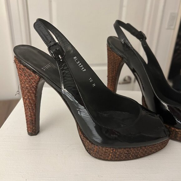 Stuart Weitzman Women's Peep Toe Black Patent Leather Platform Heels - Picture 2 of 14